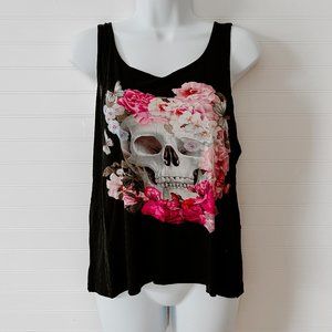Black Skull Printed Tank top Graphic with Flowers